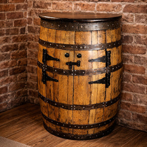 Half Whiskey Barrel Cabinet with Shelves & Lighting | Rustic Space-Saving Storage
