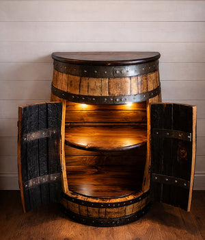 Half Whiskey Barrel Cabinet with Shelves & Lighting | Rustic Space-Saving Storage