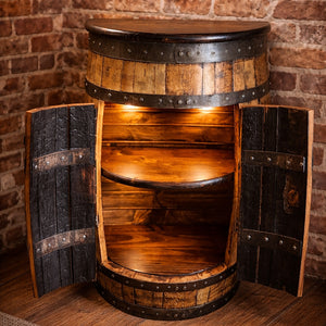 Half Whiskey Barrel Cabinet with Shelves & Lighting | Rustic Space-Saving Storage