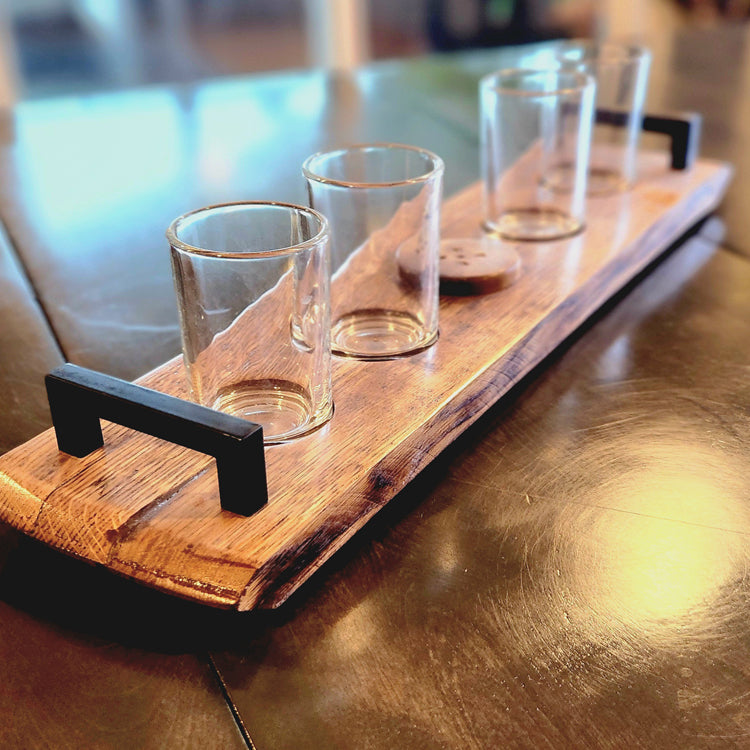 Barrel Head Flight Boards available with 4 or 5 tasting glasses