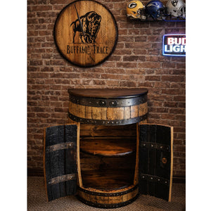 Half Whiskey Barrel Cabinet with Hidden Storage | Rustic Space-Saving Storage