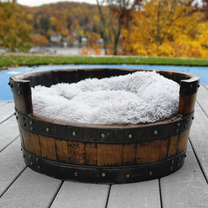 Whiskey Barrel Pet Bed with Calming Cushion