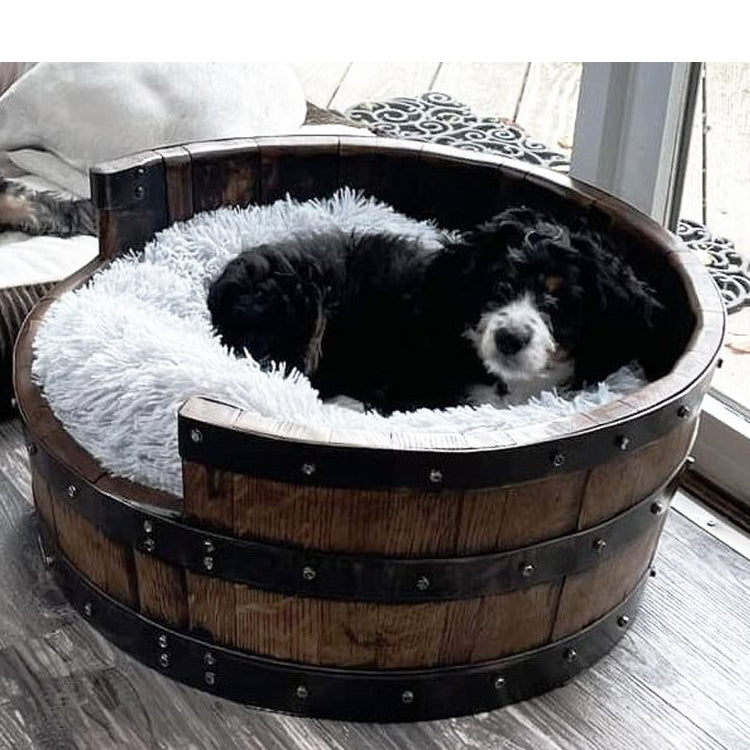 Whiskey Barrel Pet Bed with Calming Cushion