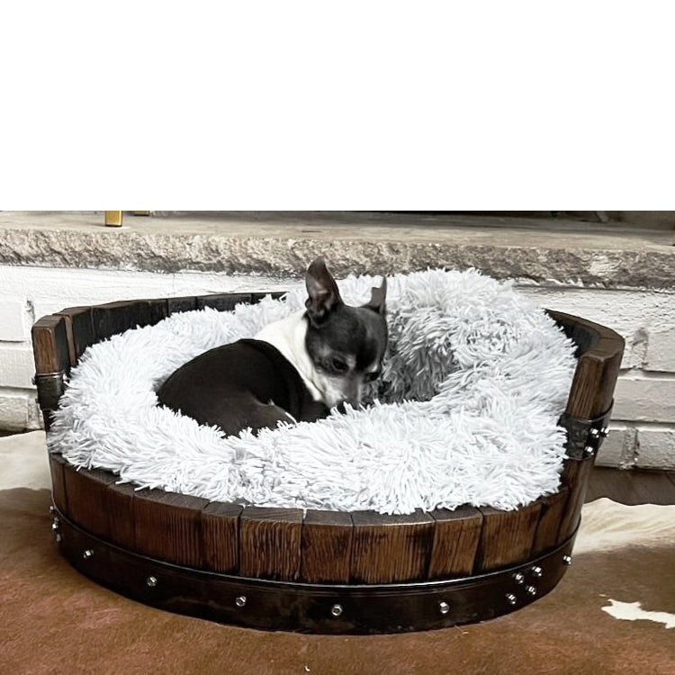 Whiskey Barrel Pet Bed with Calming Cushion