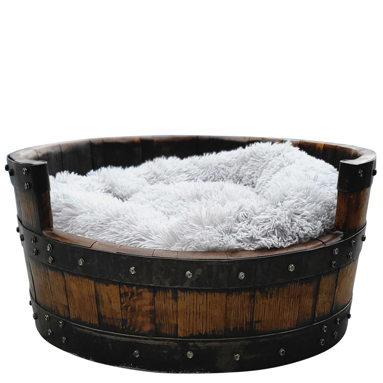 Whiskey Barrel Pet Bed with Calming Cushion